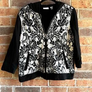 Zenergy by Chico's Womens Black White Stretchy Full Zip Hoodie Jackets Size 8/10